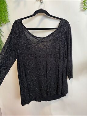 Jennifer Lopez Black Long Sleeve Scoop Neck Top with Micro Dot sparkle